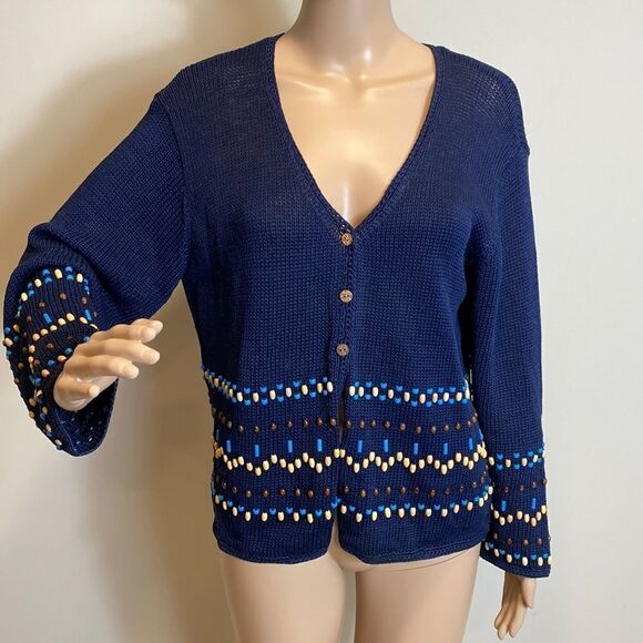 ❤️Last Chance Liz Claiborne navy blue V-neck beaded cardigan sweater Size LP - Picture 1 of 7